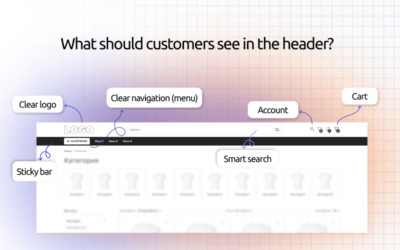 Header elements in an online store - logo, search, cart and navigation for better UX